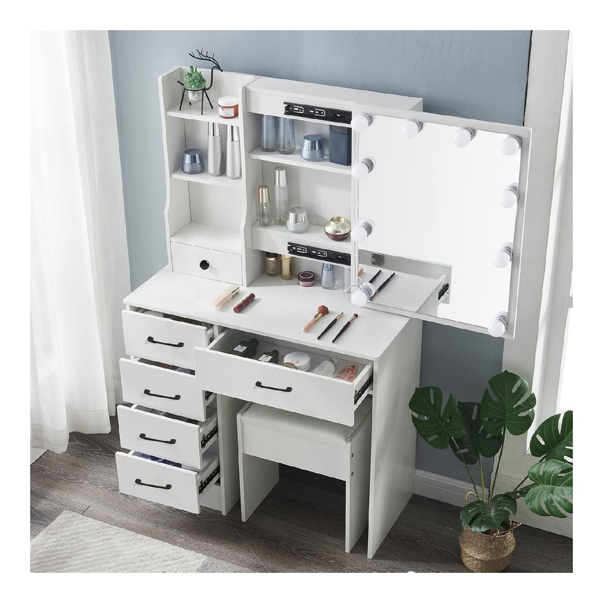 Schminktisch mit LED Beleuchtung und Hocker, Frisiertisch mit Spiegel fur Make up, Kosmetiktisch 3 Farbtemperaturen, 5 Gro e Schubladen und 4 Ablagen, SH3056BA909