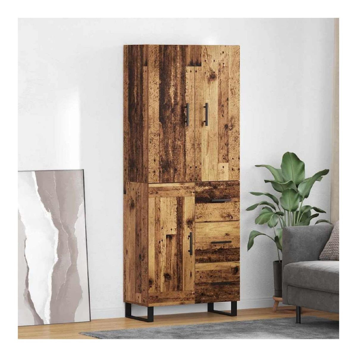 Highboard mit Schubladen aus Altholz 69,5 x 34 x 180 cm, Sideboard Buffet Cabinet mit Stauraum, modernes Storage Cabinet fur Wohnzimmer und Esszimmer, langlebiges Kitchen Sideboard