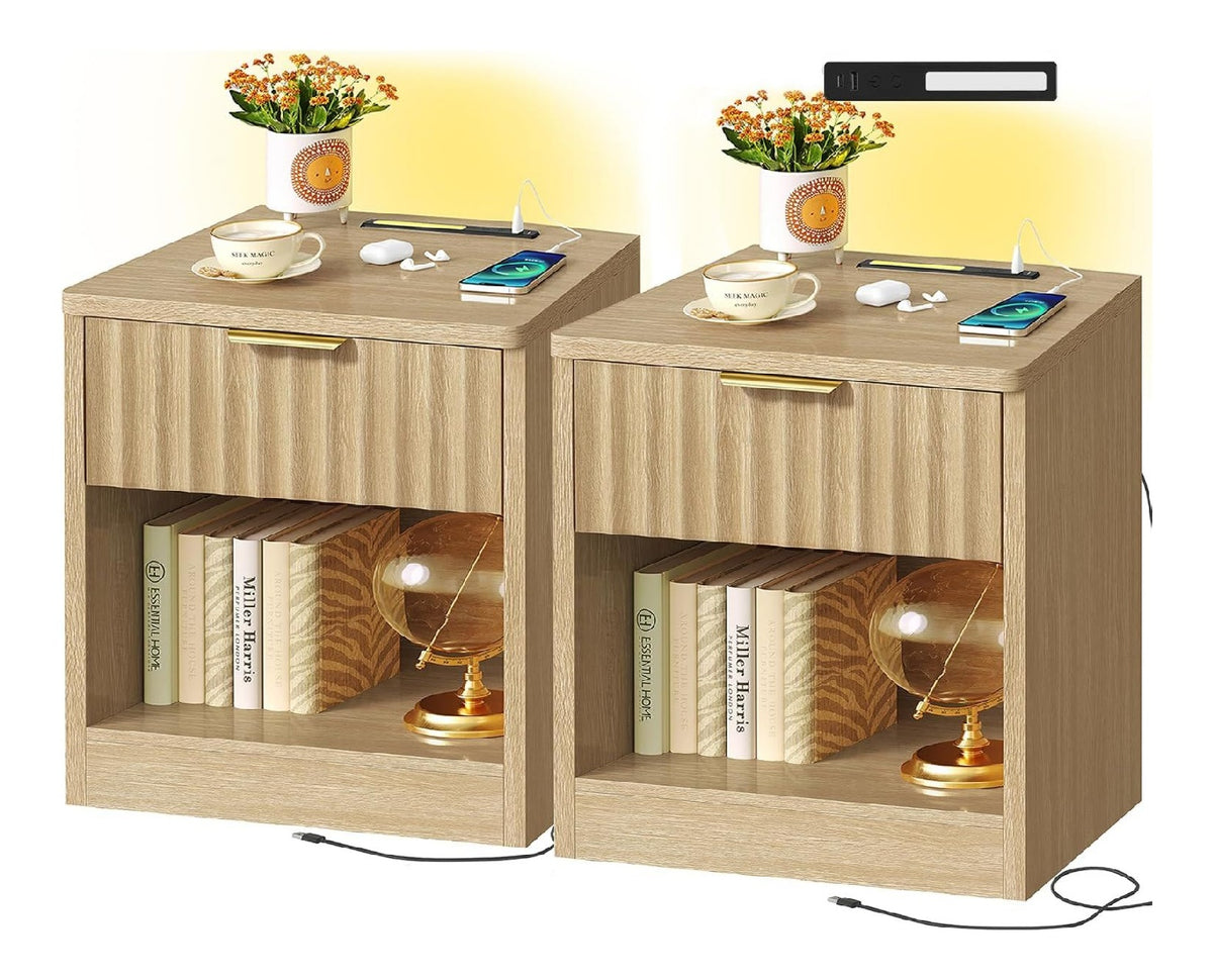 Rillen-Nachttisch 2er Set mit Steckdose und USB, Beistelltisch mit LED-Licht, Schublade und offenem Fach, moderner Nachtschrank fur Schlafzimmer & Wohnzimmer, Naturholz