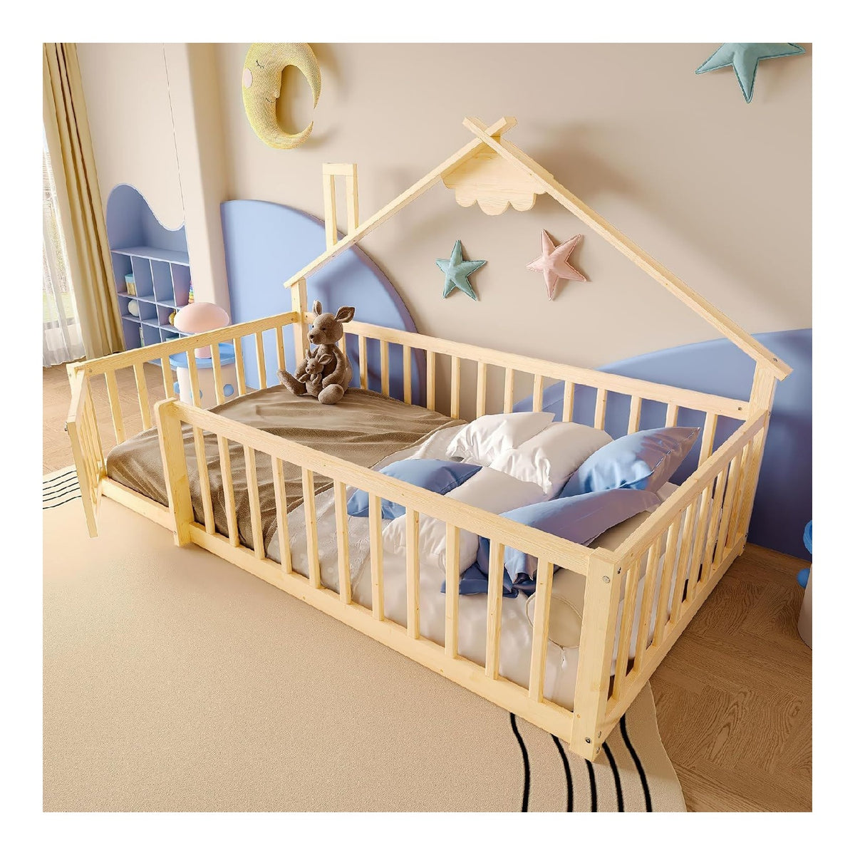 Flachbett Gelander mit Schloss Hausbett Kiefernholz Einzelbett fur Schlafzimmer Gastezimmer Standbett ohne Matratze Holzfarbe 90x190 cm