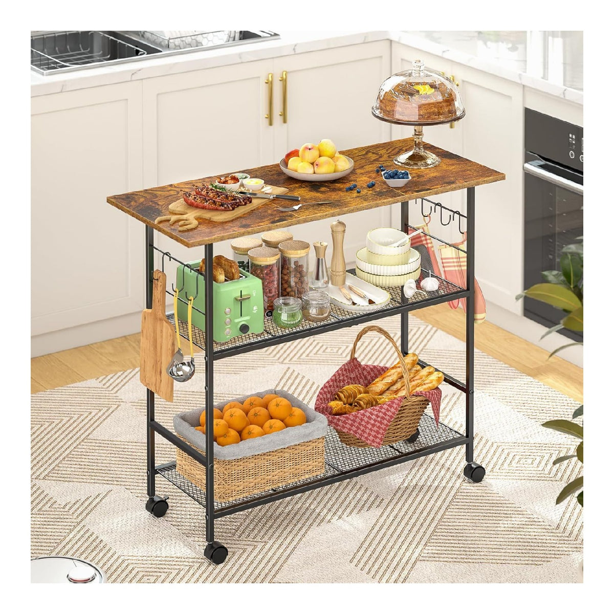 Kucheninsel mit 3 Ablagen, Rollbarer Kuchenwagen mit 6 Haken und Schutzablage, Mikrowellenstander auf abschlie baren Radern, Backerregal, Kaffeebar fur Esszimmer, Wohnzimmer, Outdoor, Metallrahmen