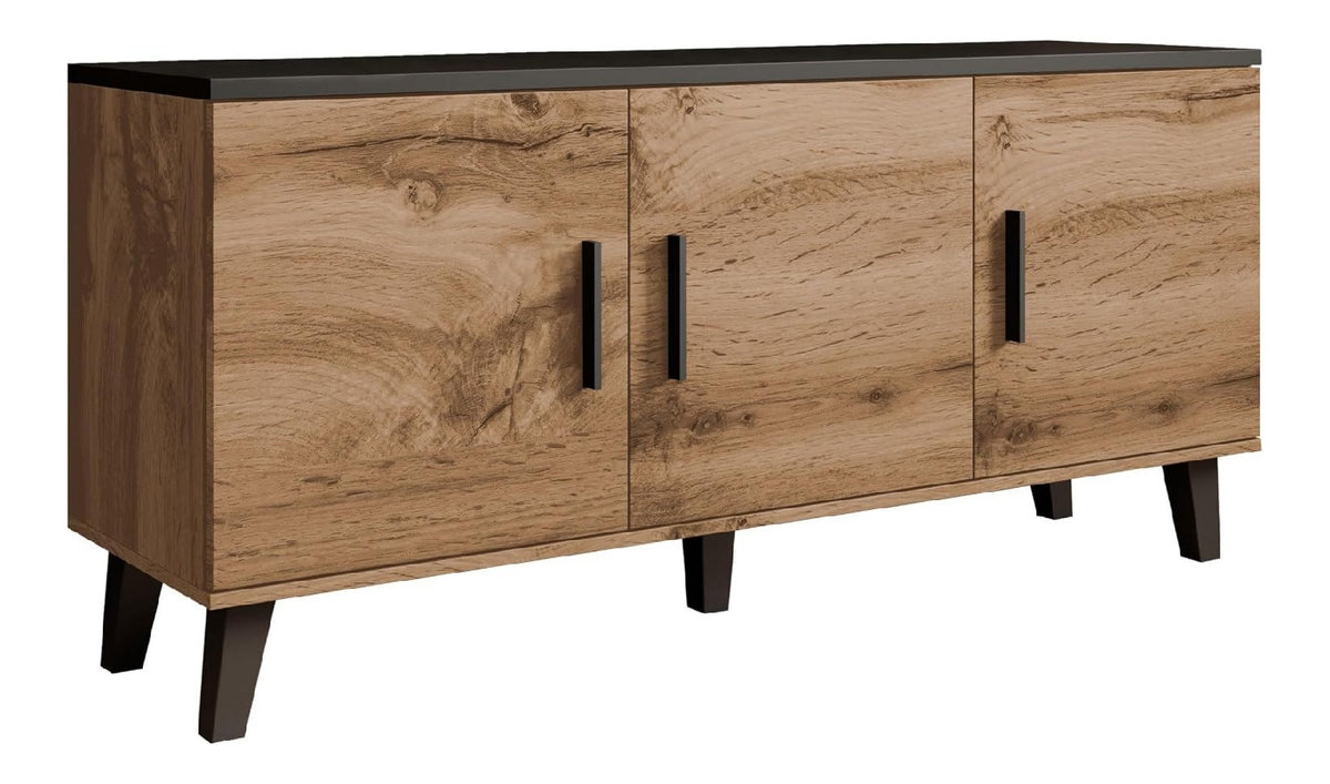 Kommode Lotta II 150 3D im skandinavischen Stil, Anrichte, Mehrzweckschrank, Wohnzimmerschrank, Sideboard, Schrank, Wohnzimmer (Eiche Wotan + Schwarz)