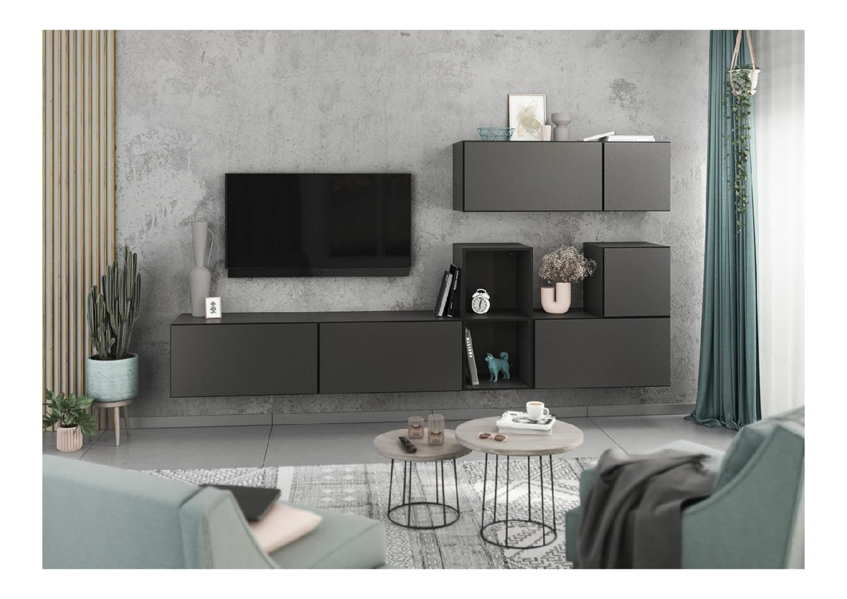 BMG Mobel Modernes Wohnzimmer Wohnwand Set 7 TLG. wahlbar aus 8 Farbkombinationen, MDF Fronten tiefgezogen mit Softclose, Schranke mit Klappenfunktion, offenes Regal (Anthrazit - Anthrazit Matt)