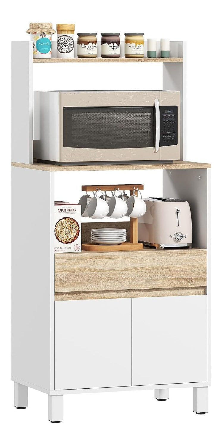 Mikrowellenmobel, Kuchenbuffet mit Schubladenschrank und oberem Regal, Mikrowellenmobel Kuche Aufbewahrung fur Esszimmer, Wohnzimmer, 60 x 40 x 131 cm Natur und wei