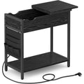 Schmaler Nachttisch mit Steckdose, USB-Anschl¨¹ssen und Seitentasche, Schwarz mit Holzoptik
