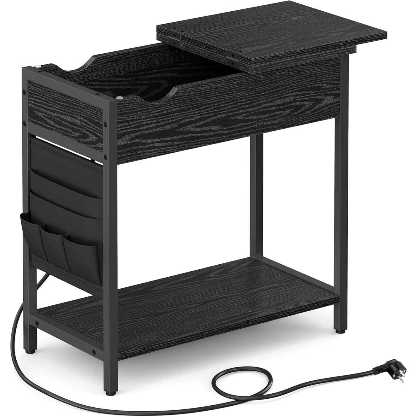 Schmaler Nachttisch mit Steckdose, USB-Anschl¨¹ssen und Seitentasche, Schwarz mit Holzoptik