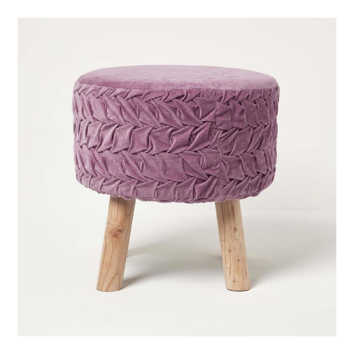 Homescapes Lyla Plissee-Hocker Mauve 41x40 cm, Samt-Hocker rund, Hocker mit Holzbeinen