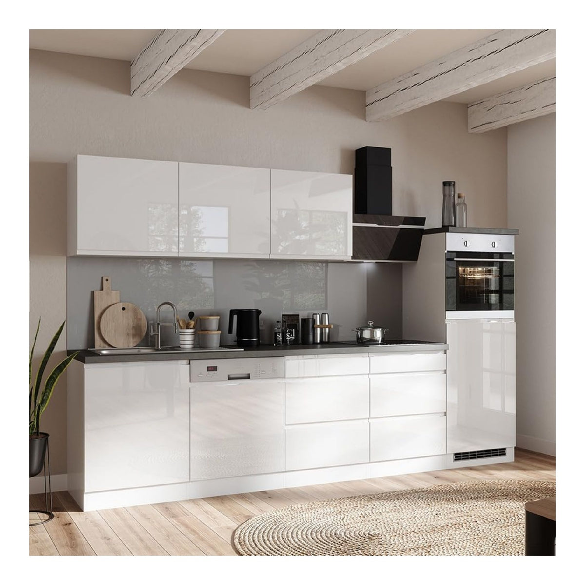 Kuche Kuchenzeile 300 cm, inkl. E-Gerate, in Hochglanz wei , Arbeitsplatte Betonoptik inkl. Dunstabzugshaube, Glaskeramikkochfeld, Einbau-Backofen, teilintegrierter Geschirrspuler, Einbaukuhlschrank