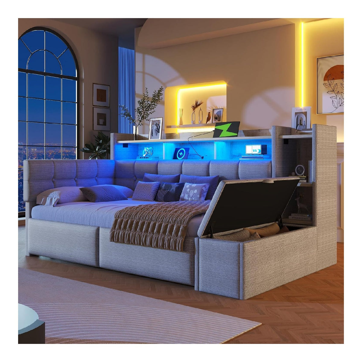 NovaFurnish Tagesbett, Schlafsofa, 90 x 190cm, mit Zwei Schubladen, USB- und Typ-C-Anschlussen, Ablagefach, Stauraumbank am Fu ende, LED-Lichtleiste, Ohne Matratze, Samt, Grau