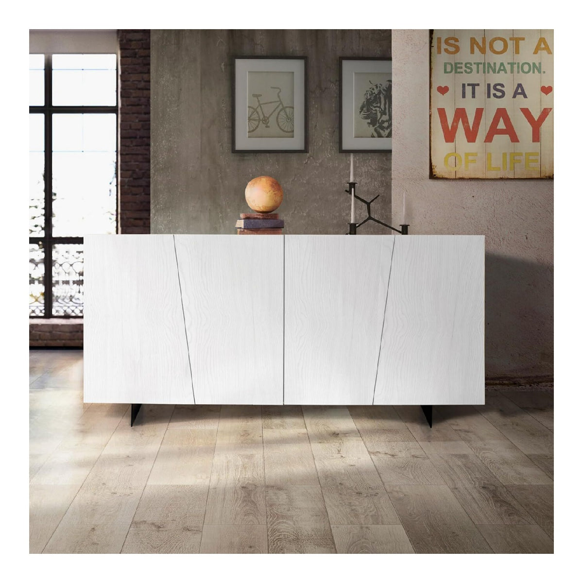 Design - Eingangsschrank, Esszimmer, Kuche oder Wohnzimmer, Kommode aus gebursteter wei er Fichte, Hohe 87 cm, Ma e 180 x 50, Made in Italy