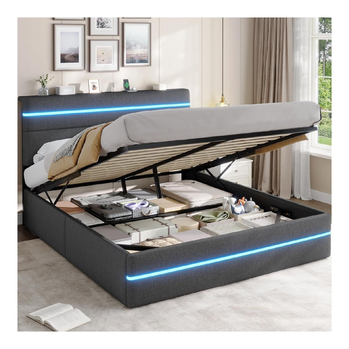 Bett 160x200 mit Hydraulischem Stauraum,Polsterbett mit LED-Kopfteil & Ladestation,Jugendbett mit Lattenrost fur 160x200 Matratze,Boxspringbett als Doppelbett,Dunkelgrau Leinen(ohne Matratze)