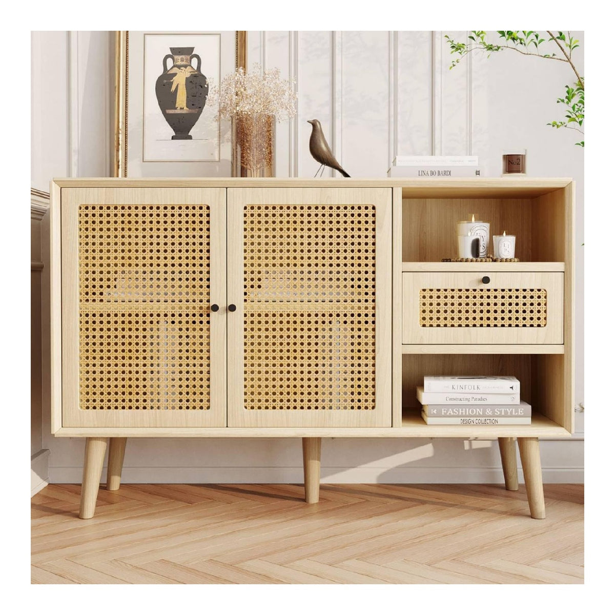 Sweiko Sideboard,Rattan Kommode mit 1 Schubladen und 2 Magnetische Turen,Multifunktionaler Kuchenschrank Esstisch mit Metallgriffen und Massivholzbeinen,Mehrzweckschrank mit Offene Regale