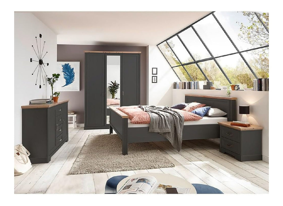 Schlafzimmermobel Set 4-teilig mit Bett 160x200cm, Nachttisch, Kommode, Kleiderschrank in Graphit mit Eiche Landhaus