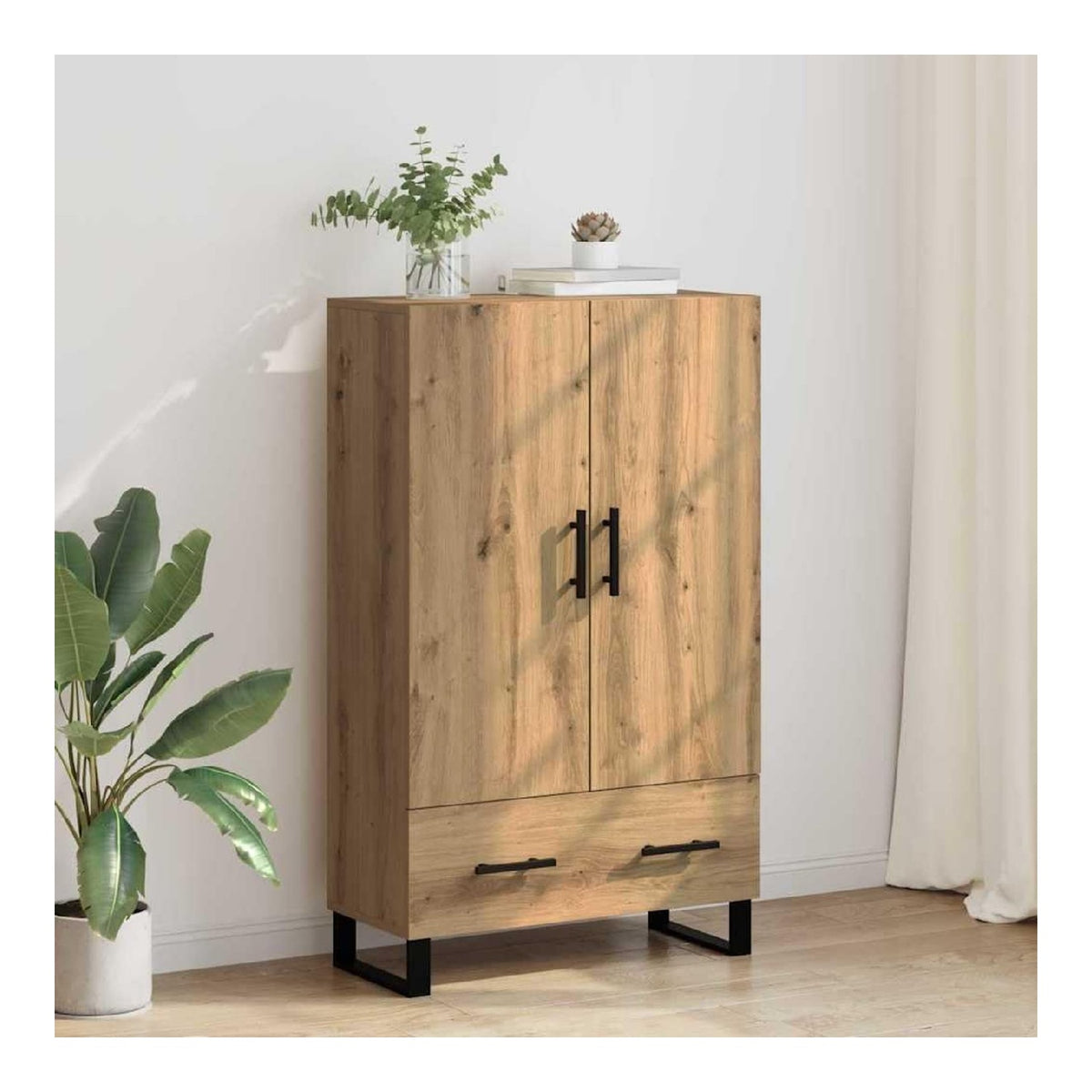 Highboard Artisan-Eiche 69, 5 x 30 x 115 cm Holzwerkstoff Modernes Sideboard mit 2 Turen Schublade Stauraum Regal fur Wohnzimmer Flur Kuche Hochschrank mit Metallbeinen und Belastbarkeit 60 kg