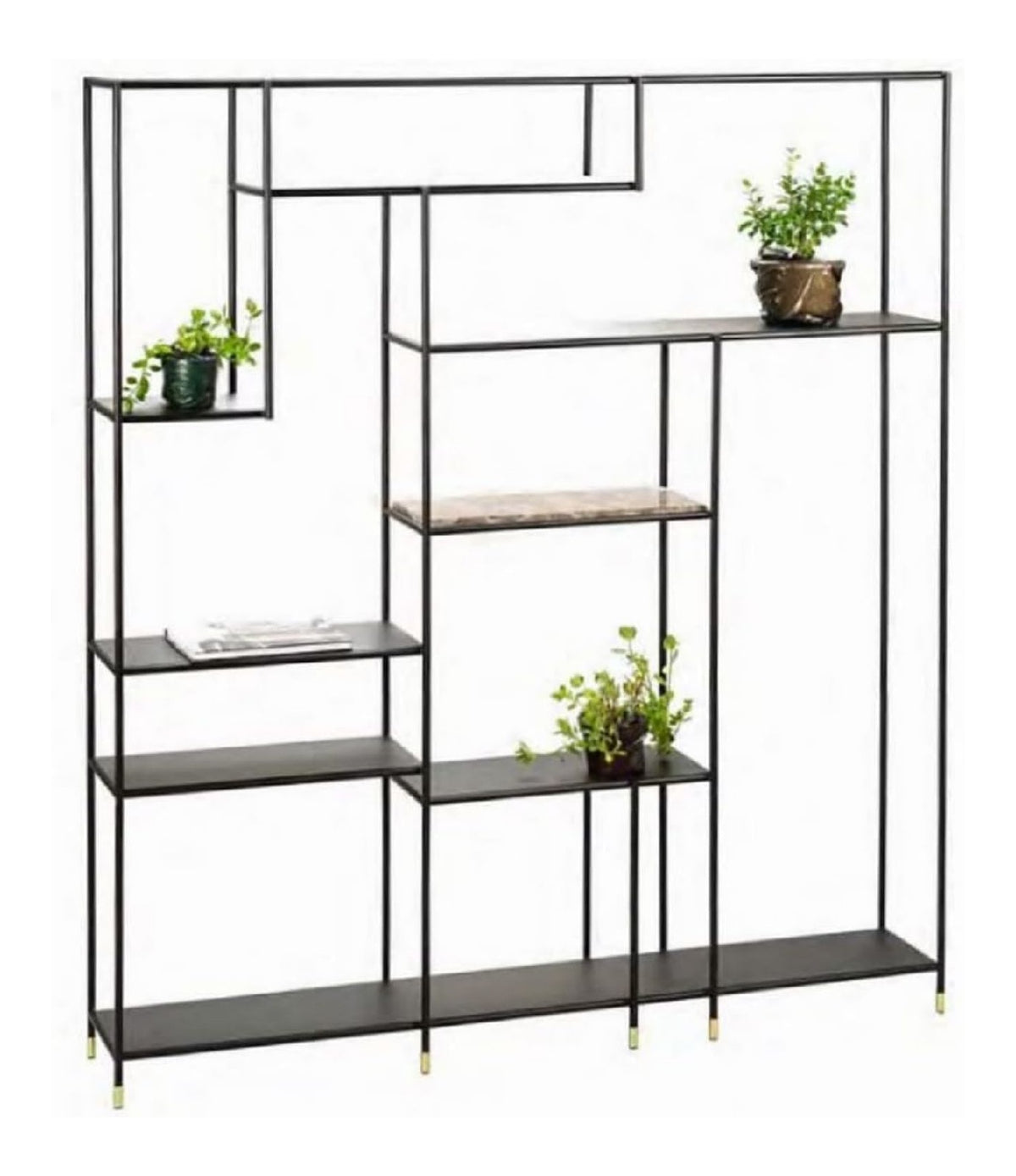 Luxus Metall Regalschrank mit Emperador Marmorplatte Schwarz/Grau/Messingfarben 180 x 30 x H. 200 cm - Wohnzimmerschrank - Bucherschrank - Metall Mobel