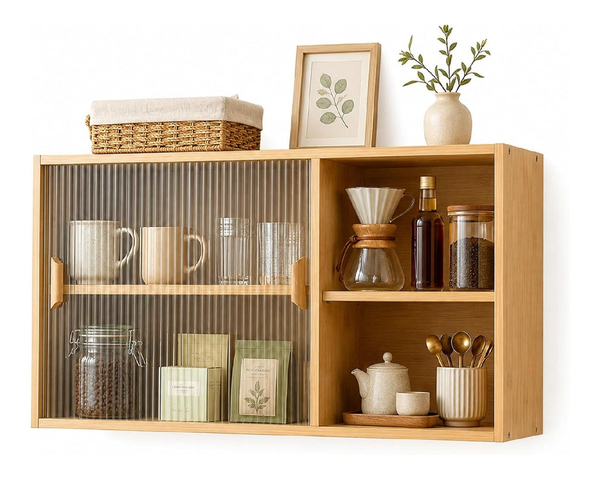 JSWHYBD Wandhangeschrank Kuche aus Holz mit Schiebeturen aus Rillenglas
