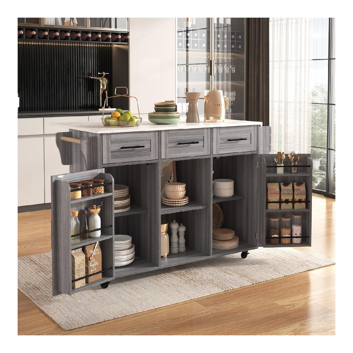 Kuchenwagen Bewegliche Kucheninseln auf Rollen, Servierwagen mit 3 Schublade, 3 Schrank, Handtuchhalter und Ablagetur, Sideboard mit erweiterbarer Arbeitsflache, Arbeitsplatte aus Holz, Grau