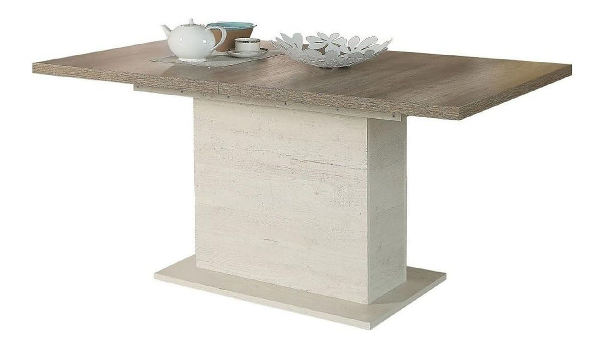 DURO Esstisch ausziehbar mit 1 Einlegeplatte, Holzwerkstoff, Pinie Wei /Antikeiche, 160 x 76.6 x 90 cm