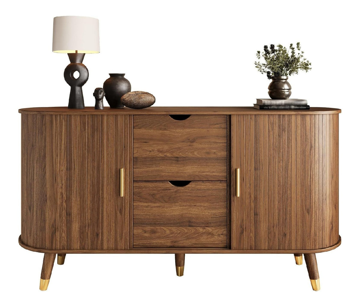 Sideboard Kommode mit 2 Schiebeturen und 2 Schubladen, Buffetschrank Beistellschrank Aufbewahrungsschrank mit Massivholzbeinen und Ovale Tischplatte, 140 x 40 x 79,5cm, HD26030310