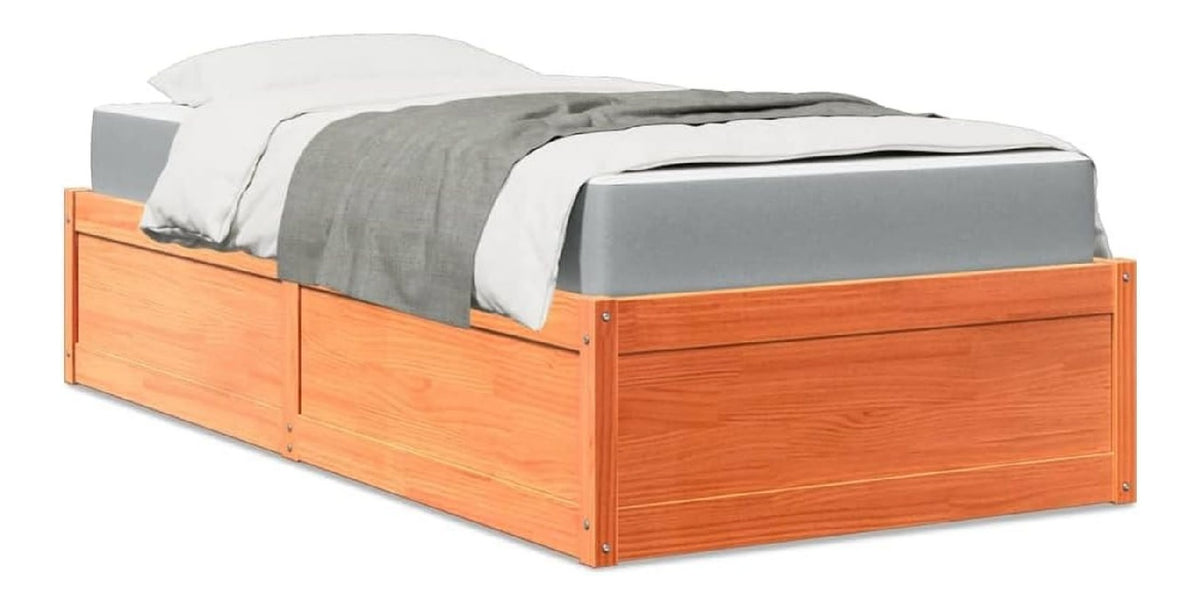 Bett mit Matratze, Wachsbraun 90x190 cm, Massivholz Kiefer, Einzelbett mit Taschenfederkernmatratze, Robustes Schlafzimmermobel fur Erwachsene