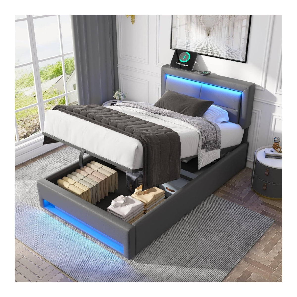 Polsterbett 90x200 cm mit Bettkasten, Einzelbett mit Hydraulische Lagerung, Stauraumbett mit LED, USB-Anschluss, Bettgestell mit Lattenrost, Jugendbett, Grau, Kunstleder, ohne Matratze