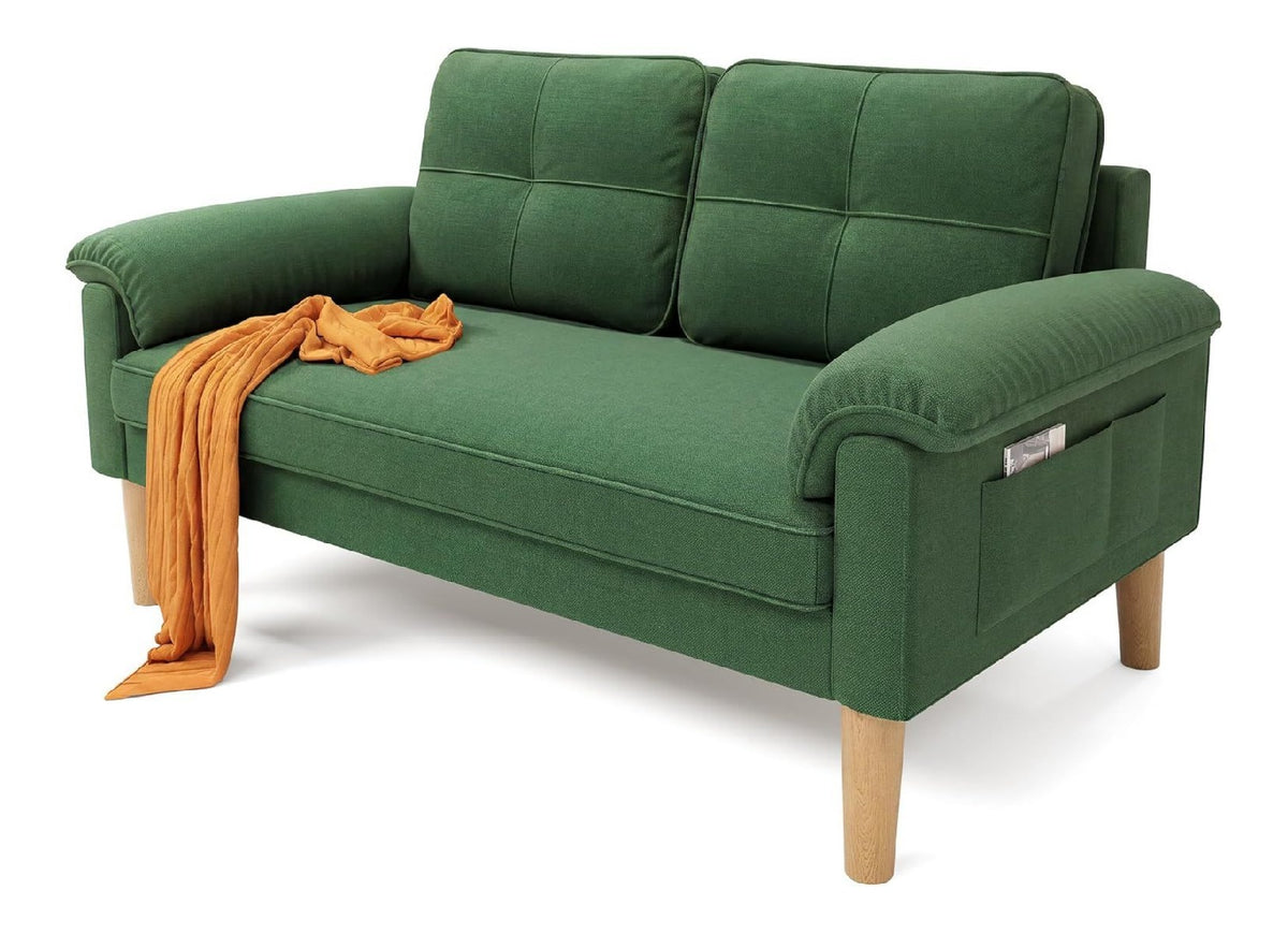 Xbro Sofa 2 Sitzer, Kleine Couch 2 Sitzer mit Armlehne und Seitentasche, Modernes Stoffcouch fur Wohnzimmer,Wohnung,Buro,Einfache Montage, 144 x 77 x 77 cm, Grun