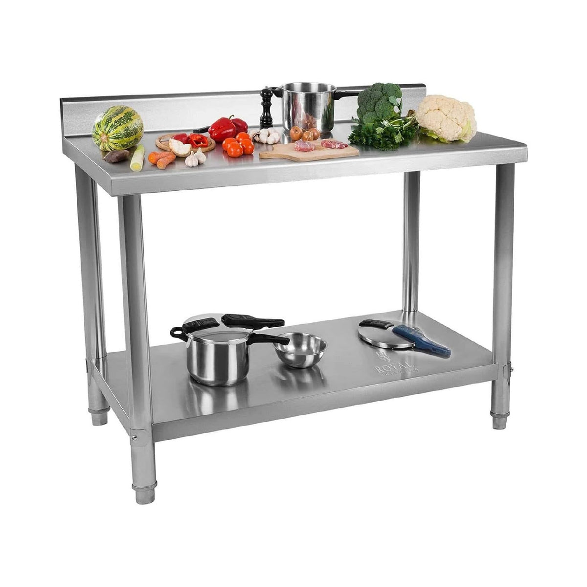 Royal Catering RCAT-100/60-N Arbeitstisch Edelstahl Kuche Edelstahltisch 100 x 60 cm mit Aufkantung hohenverstellbar Grilltisch Outdoor Kuchenmobel
