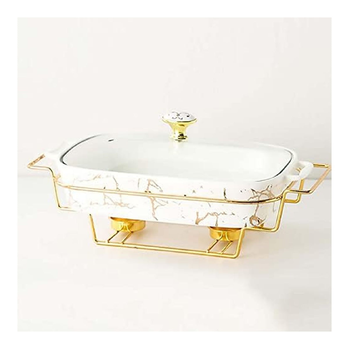 Chafing Dish Set, Keramik Buffet Warmer mit transparentem Glasdeckel und Brennstoffbehalter, rechteckiger Speisenheber fur Veranstaltungen und Versammlungen