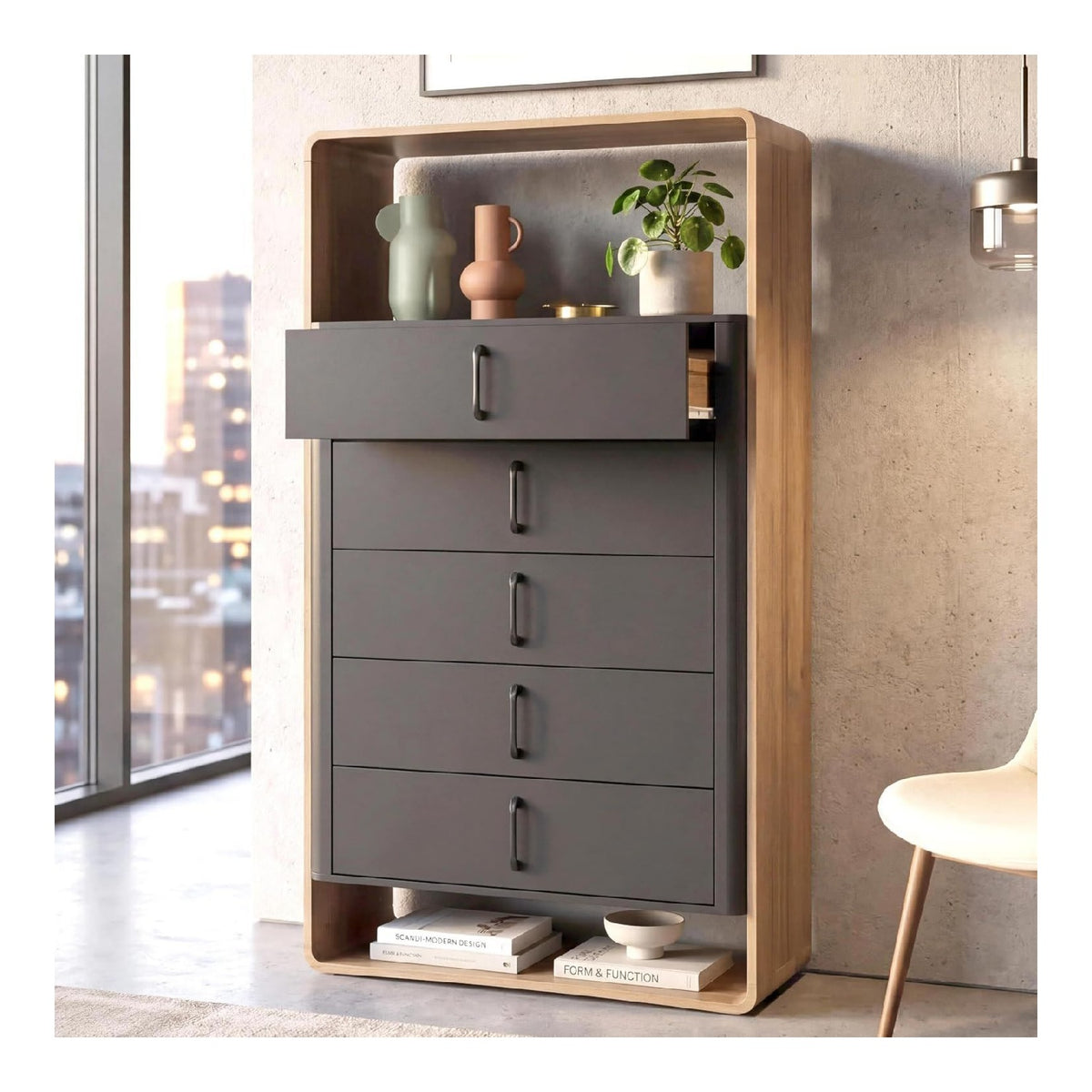 Highboard HWC-P43 155x80x41cm MDF - Rivera-Eiche-Optik, dunkelgrau