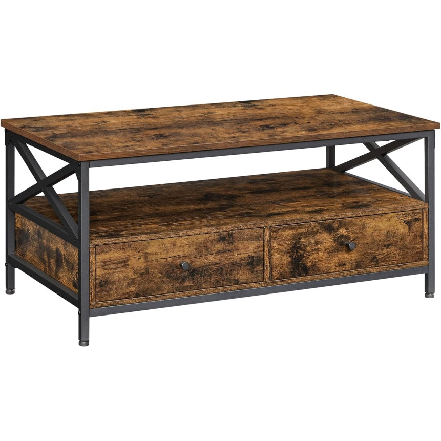 Couchtisch mit Schubladen, offenem Fach und Metallgestell, Vintagebraun und Schwarz