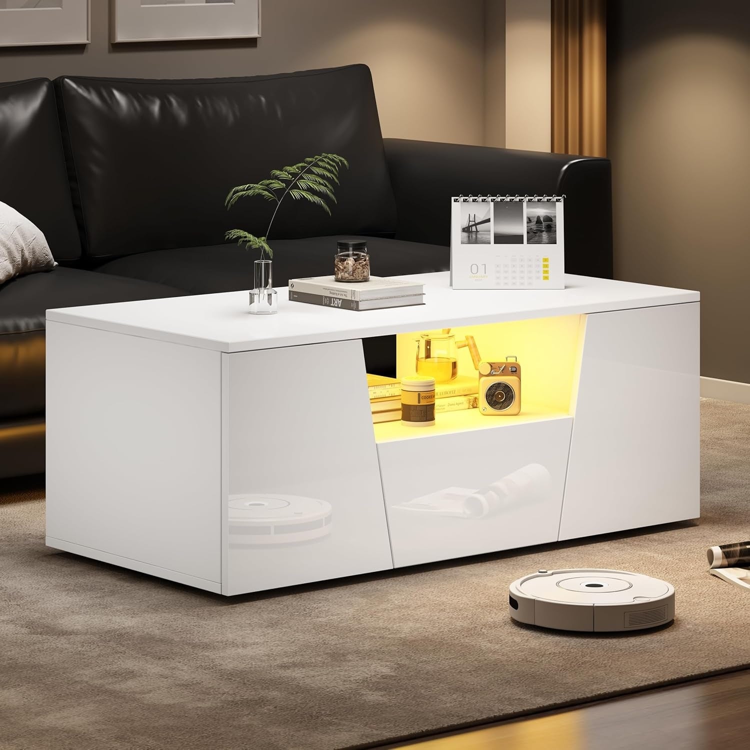 Couchtisch in Hochglanz Wei? mit LED-Beleuchtung, 2 Schranken, Schubladen und offenen Fachern