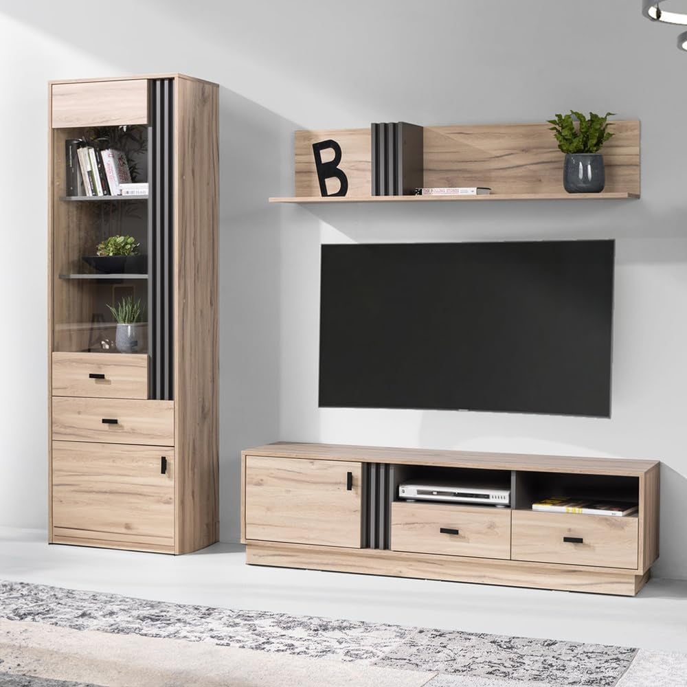 Wohnzimmerm?bel-Set mit Vitrine, TV-Lowboard und Wandregal in Eiche und Anthrazit