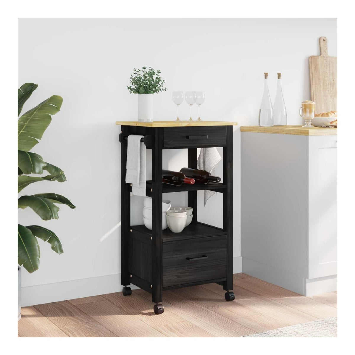 Kuchentrolley Monza Schwarz aus Massivholz Kiefer 48 x 40 x 88,5 cm mit Schublade, Regal und 360 Rollen, mobiler Kuchenwagen als Beistellwagen