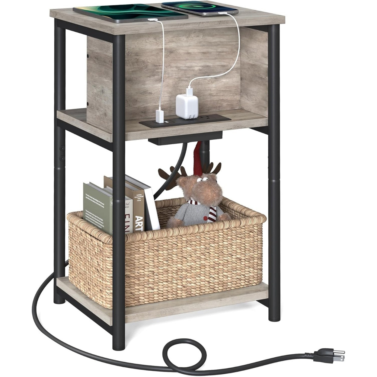 Beistelltisch mit Ladestation, 3 Ebenen, USB-Anschl¨¹ssen und Steckdosen, Greige