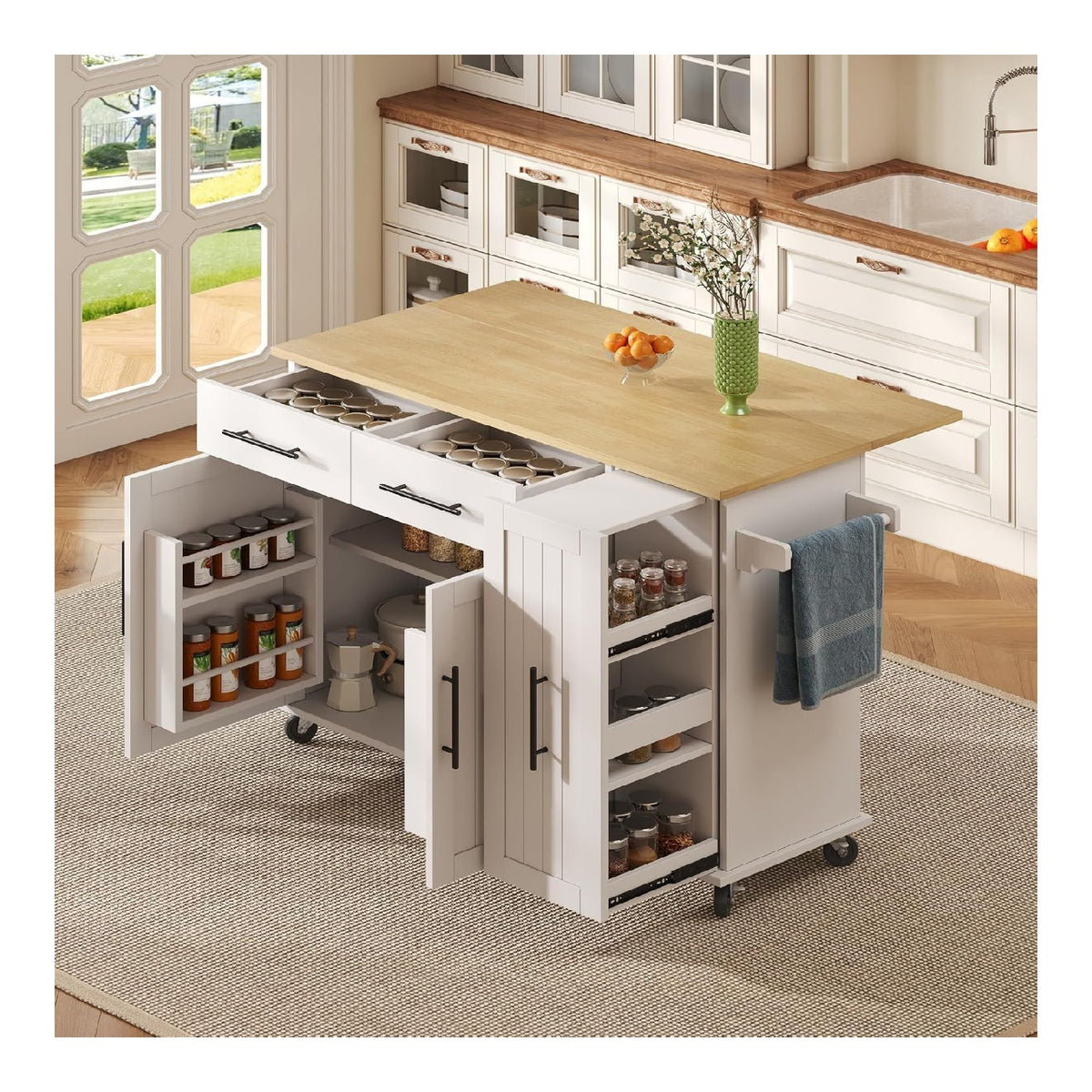 Kucheninsel mit ausklappbarer Arbeitsplatte Inneneinlegeboden in den Schrankturen Esswagen fur Esszimmer Sideboard mit Schubladen Buffet Kabinett Schlie facher Wei 120x40x90 cm