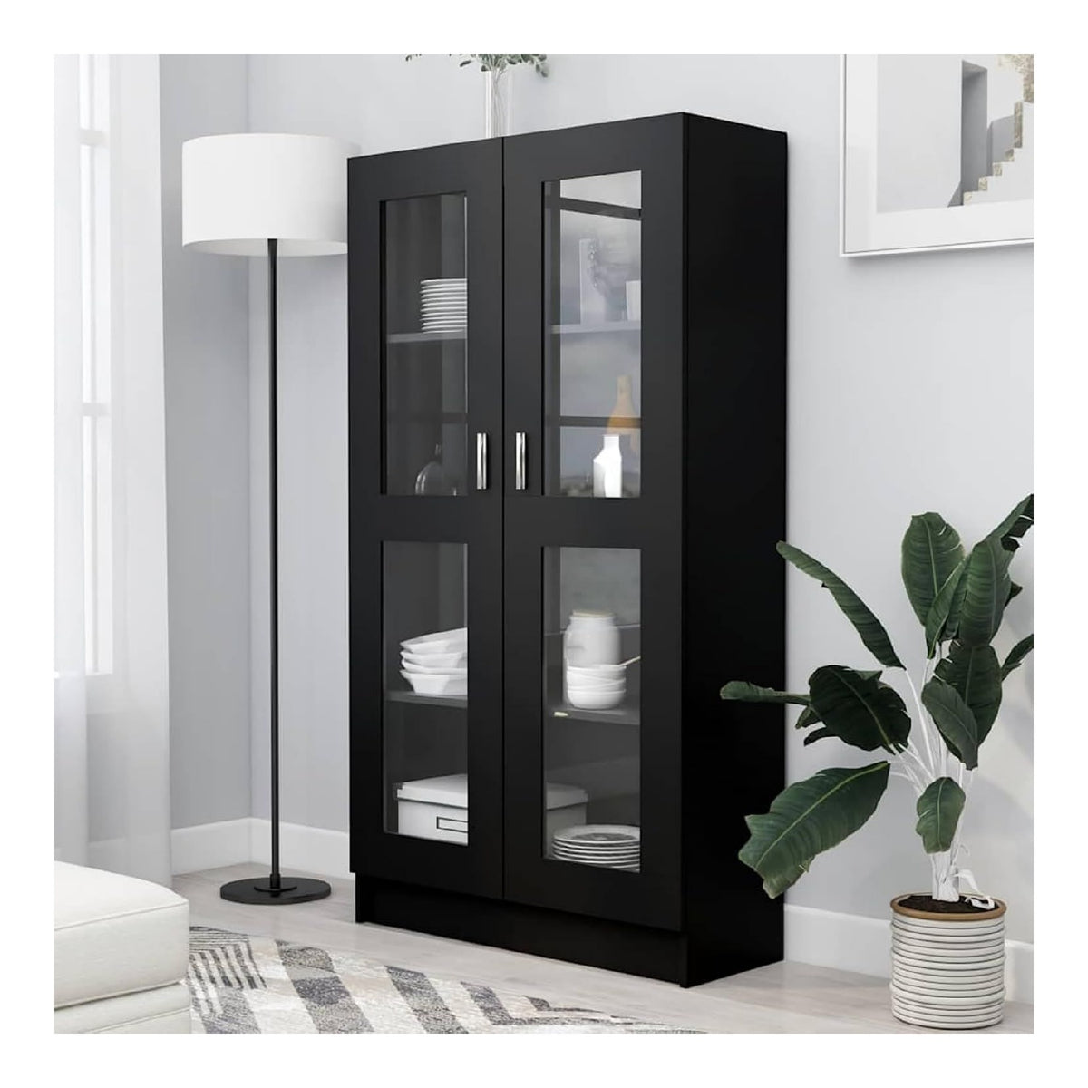 Vitrinenschrank Schwarz 82,5x30,5x150 cm Holzwerkstoff, geraumige Facher, 4 Regale und 2 Turen, fur Wohnzimmer und andere Raume